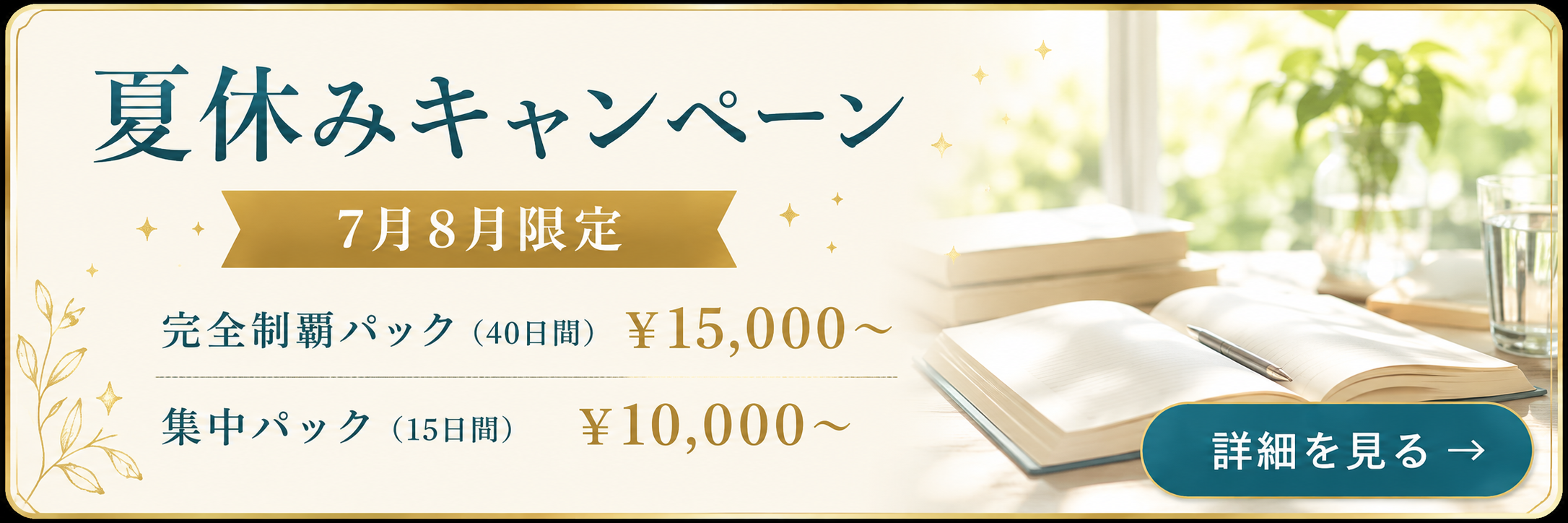夏休みキャンペーン 7月8月限定。完全制覇パック（40日間）¥15,000〜、集中パック（15日間）¥10,000〜。詳細を見る。