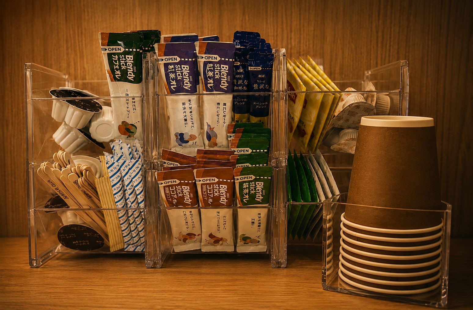 コーヒーやお茶など無料ドリンクのコーナー